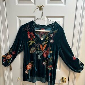 Johnny Was Teal Velvet Blouse with Floral Embroidery